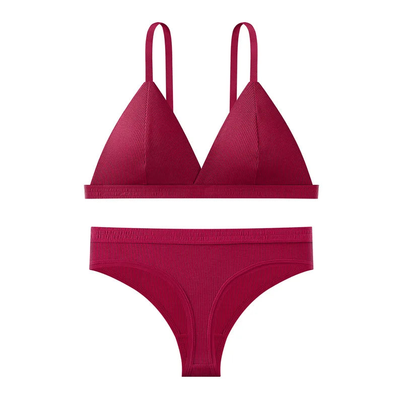 Women Cotton Bra and Panties Set Wireless Push-Up Bra Low-Waist Thongs G-string Sexy Lingerie Women's Breathable Underwear Set