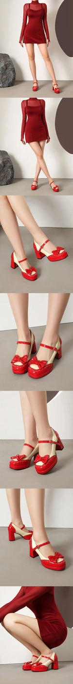Plus Size 32-48 Sweet Lolita Patent Leather Mary Jane Shoes Women Gothic Square Toe Bow Tie Platform Chunky Heels Brogue Pumps