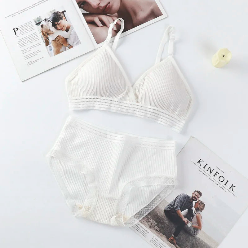 Women Padded Bra And Panties Set Low Waist Briefs Wire Free Bra Female Solid Color Underwear Sexy Lingerie Set One Size