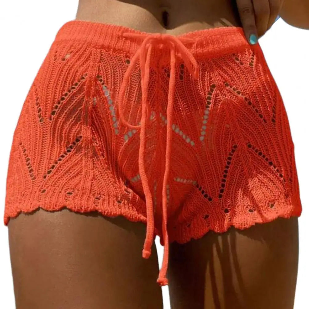 Women Beach Shorts Hollow Out Knitted Lace Drawstring Elastic Waist Soft Breathable Loose High Waist Summer Bikini Shorts