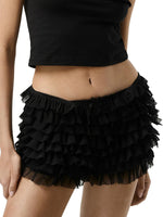 Womens Solid Color Lace Mesh Shorts Tiered Ruffled Bow Elastic Waistband Summer Leisure Lounge Short Pants