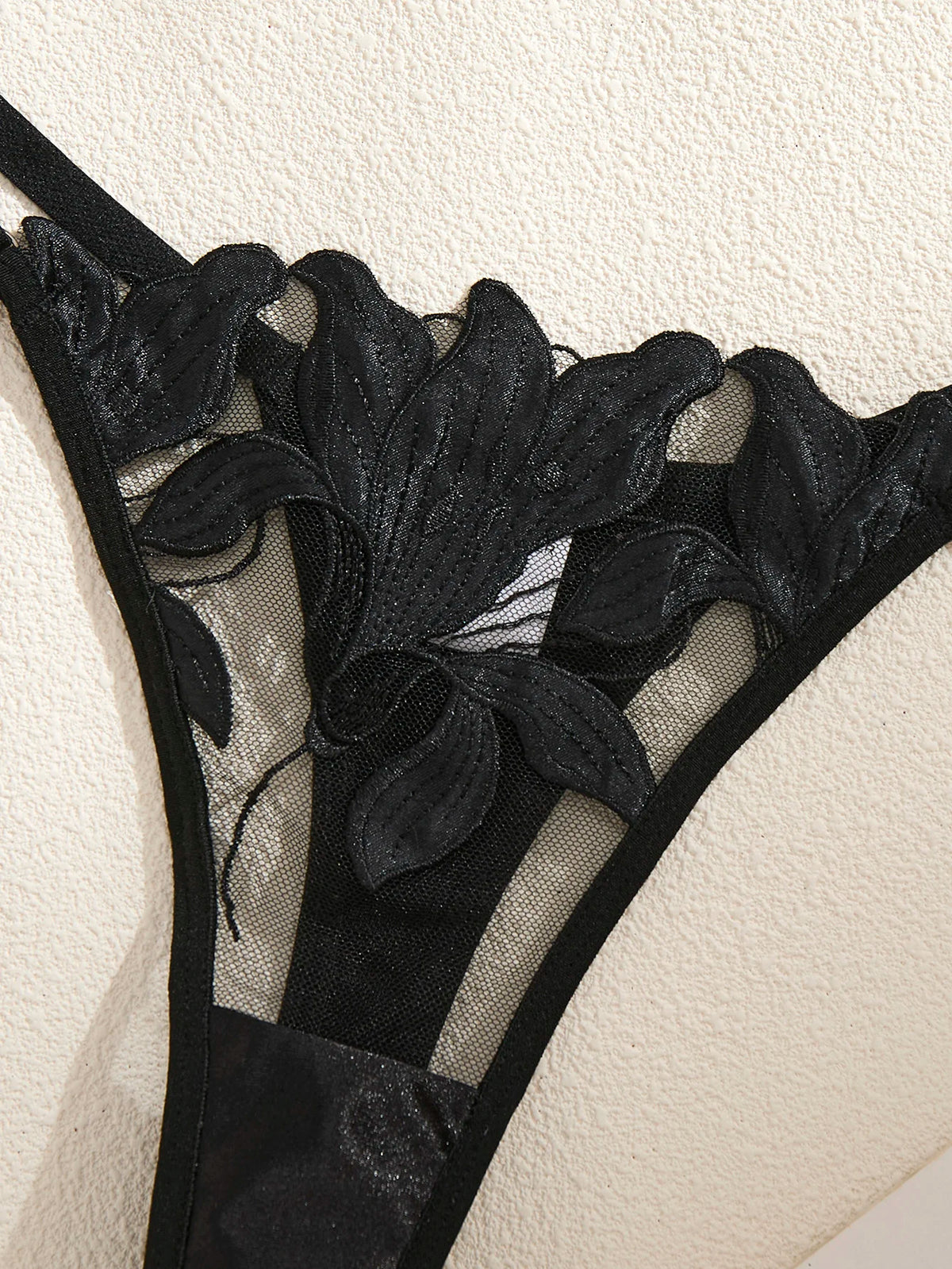 Black Lily Embroidered Bra Set - Satin Edged Transparent Mesh Adjustable Shoulder Strap Sexy Thong Set ZA824031