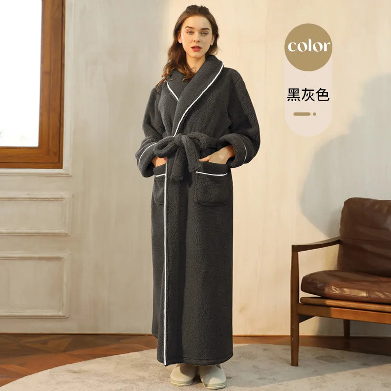 Thick Cozy Fleece Couple Bathrobe, Men Women Long Warm Loungewear, Autumn Winter Flannel Plus Size Robe Pajamas
