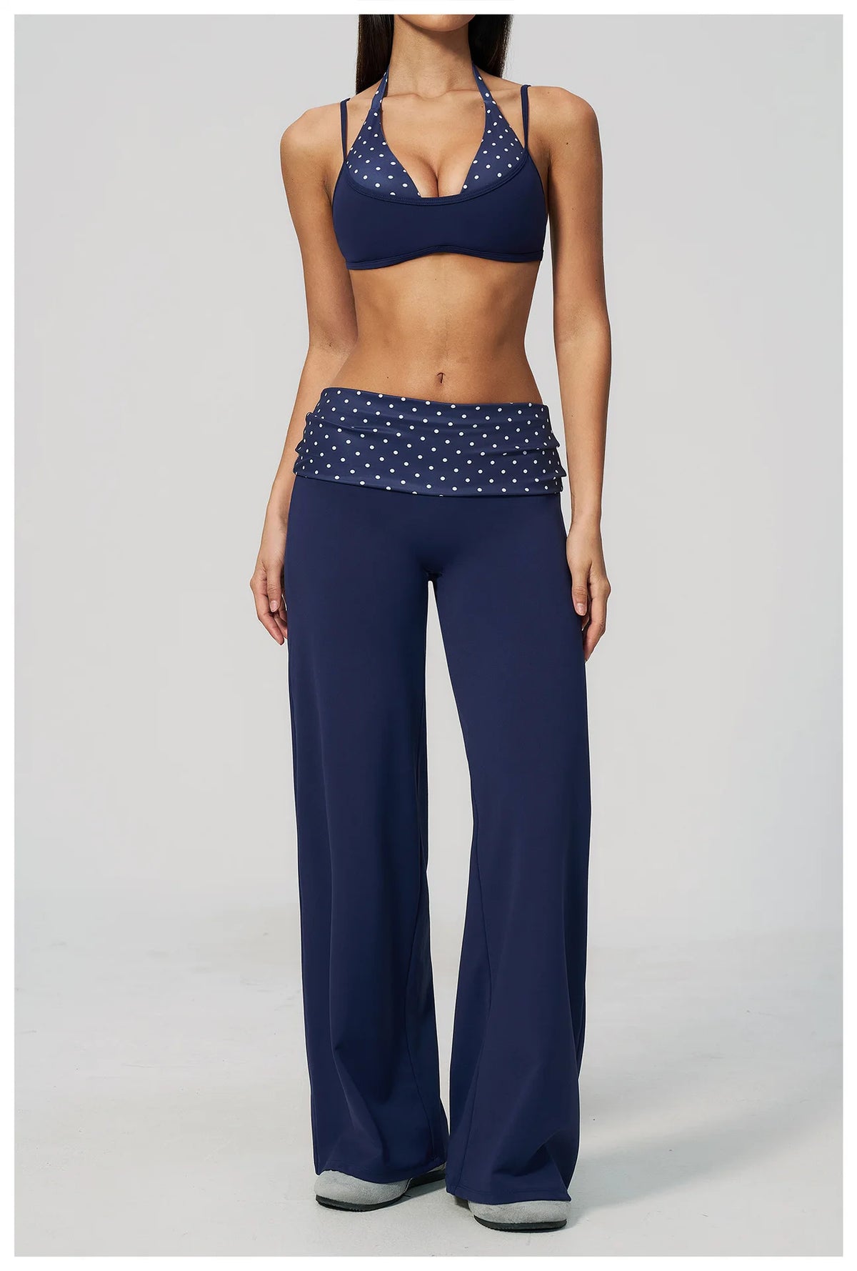 Fake Two-piece Sports Bra Yoga Sets Women Coffee Striped Patchwork Folding High Waist Wide Leg Pants Gym Running Fitness Suits