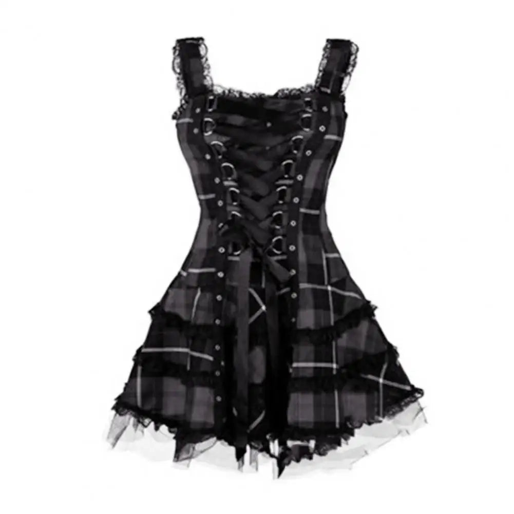 Lace Up Sleeveless A-Line Dress Steampunk Plaid Mini Dress for Women Medieval Renaissance Corset Lace Trim Gothic Dress