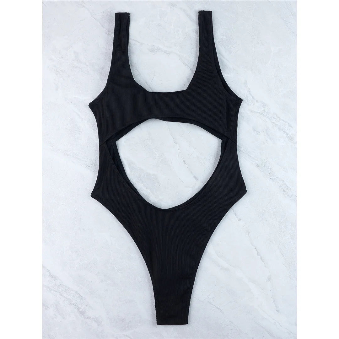 Sexy Tummy Cut Out Ribbed Backless One Piece Swimsuit Women Swimwear Female High Leg Cut Padded Bather Bathing Suit Swim K5263