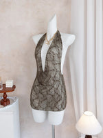 Women's CasualBeach Cover Ups Brown Deep V Neck Pleate Lace Short Dress Spring & Fall Vacation Sun Protection Smock