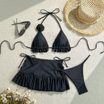 Sexy Ruffles Cover Up 3 Piece Bikinis Sets Women Black White 3D Floral Push Up Bra Thong Swimsuit Bathing Suit Swimwear 2026