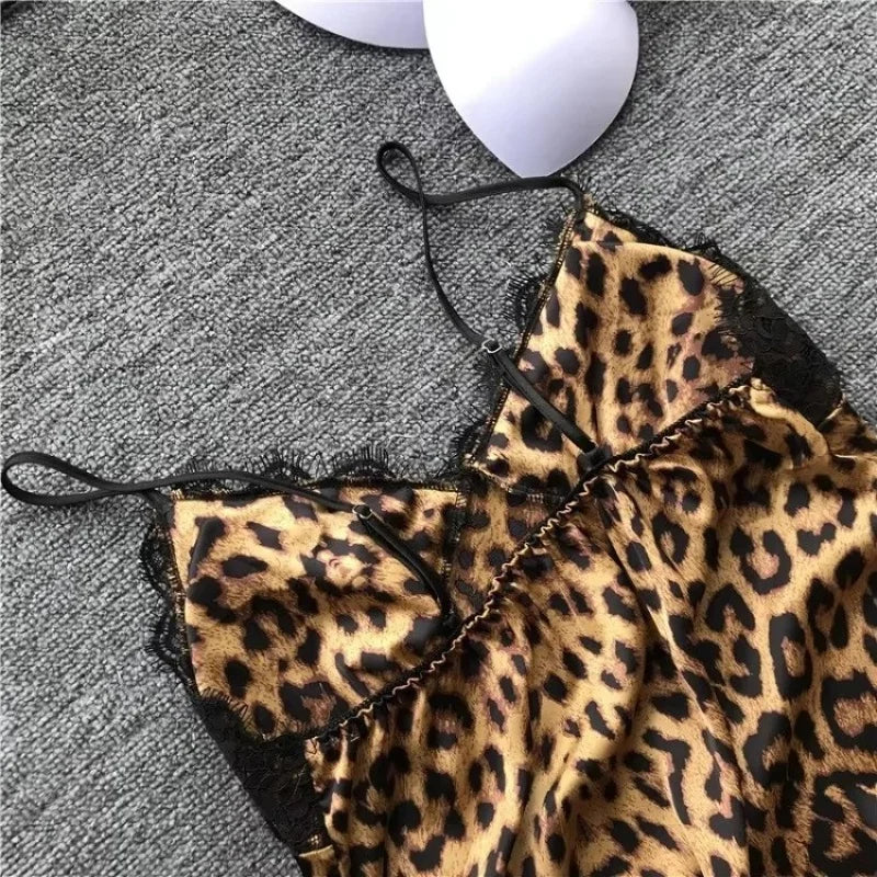 Summer lace leopard print sexy suspender skirt with chest pad suspender nightdress