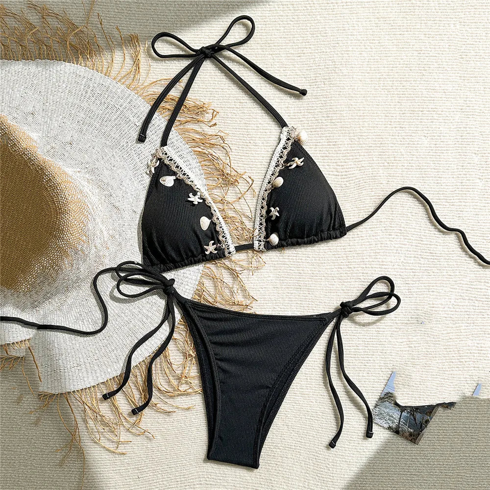 Shell Decoration Swimwear String Halter Bikinis Sets Micro Thong Sexy Swimsuit Women 2026 Bathing Suit Purple Triangle Bikini