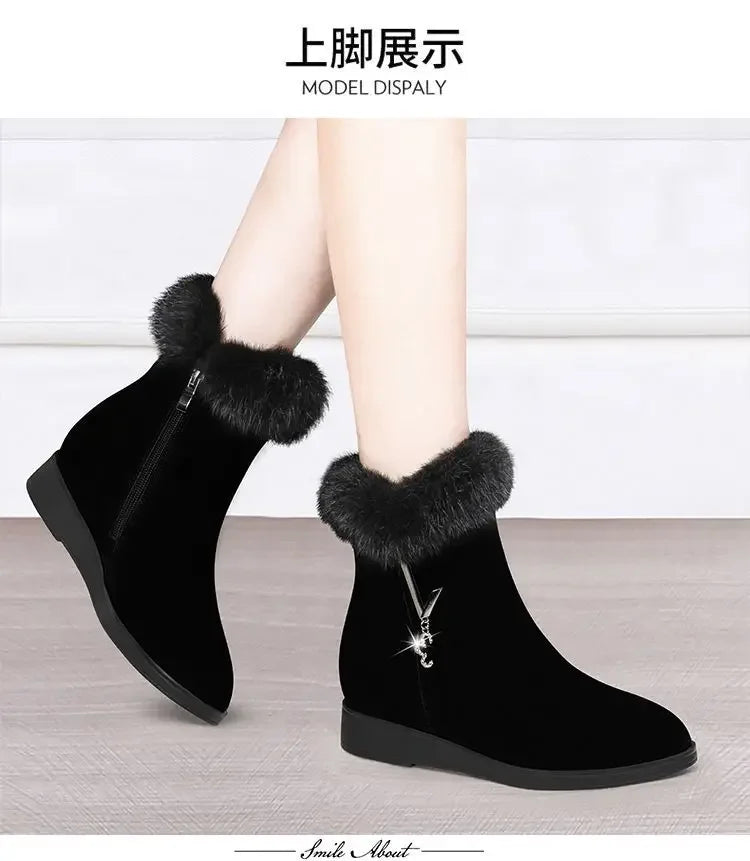 Plush Womens Boots Comfortable Hick-soled Fur Shoes Fashion Ladies Shoes Zipper Women Vulcanized Shoes Anti-slip Chaussure Femme