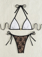 Embroidery Mesh Lace Halter Bikini Female Swimsuit Women Swimwear Two-pieces Bikini Set High Cut Bathing Suit Swim Beach Wear