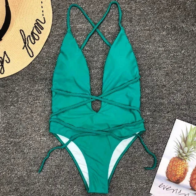 Sexy Deep V Neck Wrap Around Female Swimwear One Piece Swimsuit Women Backless Monokini High Leg Cut Bathing Suit Swim Beachwear
