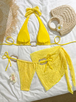 New 3 Pieces Padded String Bikini Set Swimsuit Women Yellow Swimwear with Sarong Skirts Dress Beach Wear Mesh Bathing Suit Pool
