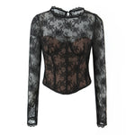 Pure Desire Sexy Sheer Crochet Lace Base Shirt Waist-Tightening Top T-Shirt For Woman Transparent Mesh Casual T-Shirt Charm ADSE
