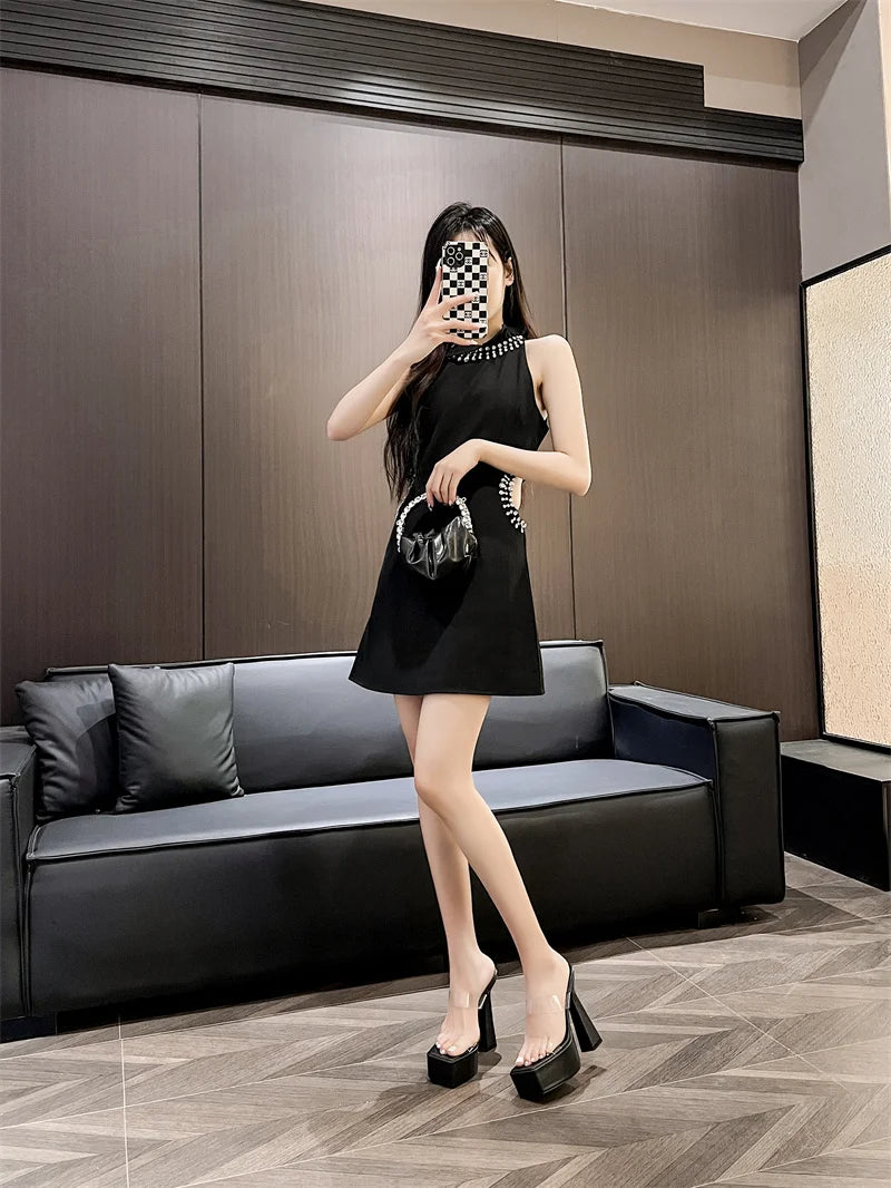 Black White Chunky Platform Slippers Women Street Sexy Square Toe Super High Heels Transparent Shoes Sandals Zapatos Mujer