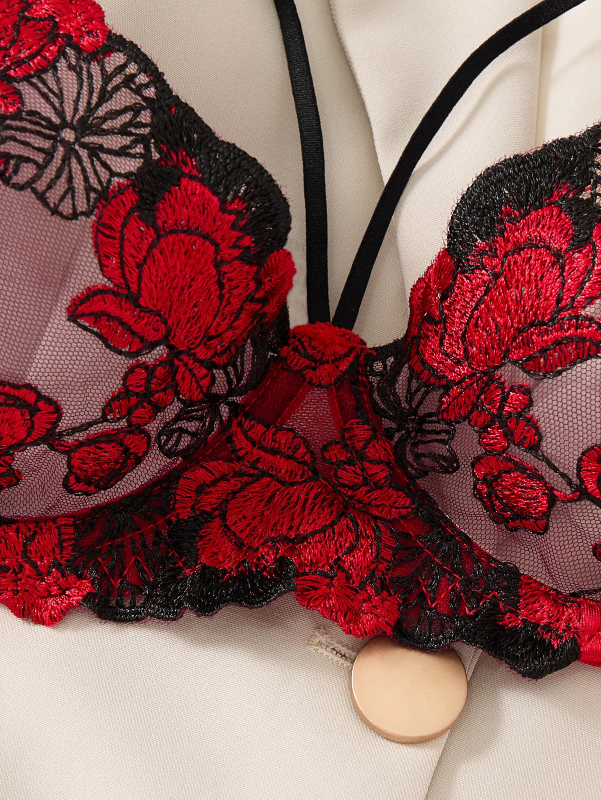 Red Floral Embroidery Satin Mesh Lingerie Set Underwire Bra With Matching Thong Women Sexy Intimates ZA825127