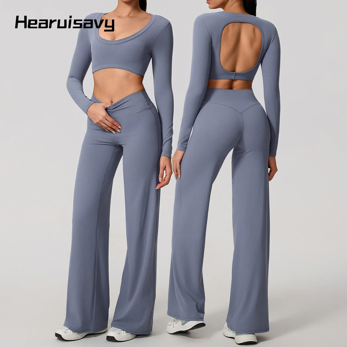 Hearuisavy Sports Set 2Pcs Women'sLong Sleeve Backless Fitted Fitness Top Push Up Pilates Yoga Top Wide Leg Straight Leg Pants