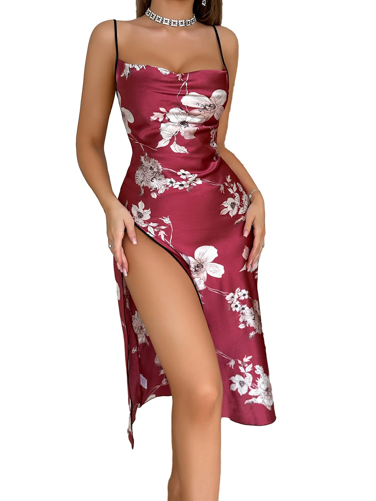 Women Floral Print Satin Long Nightdress Strap Cowl Neck High Split Evening Party Dress Ladies' Home Pajamas