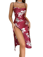 Women Floral Print Satin Long Nightdress Strap Cowl Neck High Split Evening Party Dress Ladies' Home Pajamas