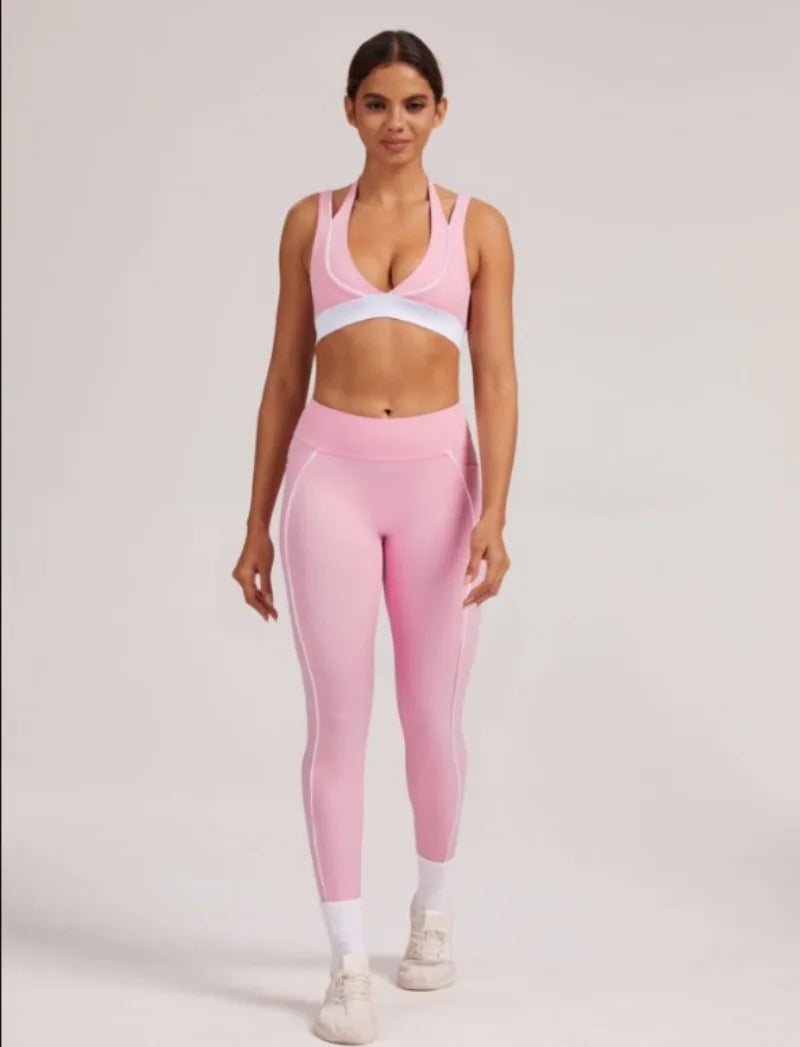 Women's Yoga Sets Sports Fitness V-Neck Halter Sports Bra Color-Block Hip-lifting Pants Suits Running Training Workout Gym Sets