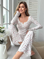 Spring Summer Women's Sleepwear Floral Print Lettuce Trim Pajamas Set Tops and Long Trousers Loungewear Nightwear