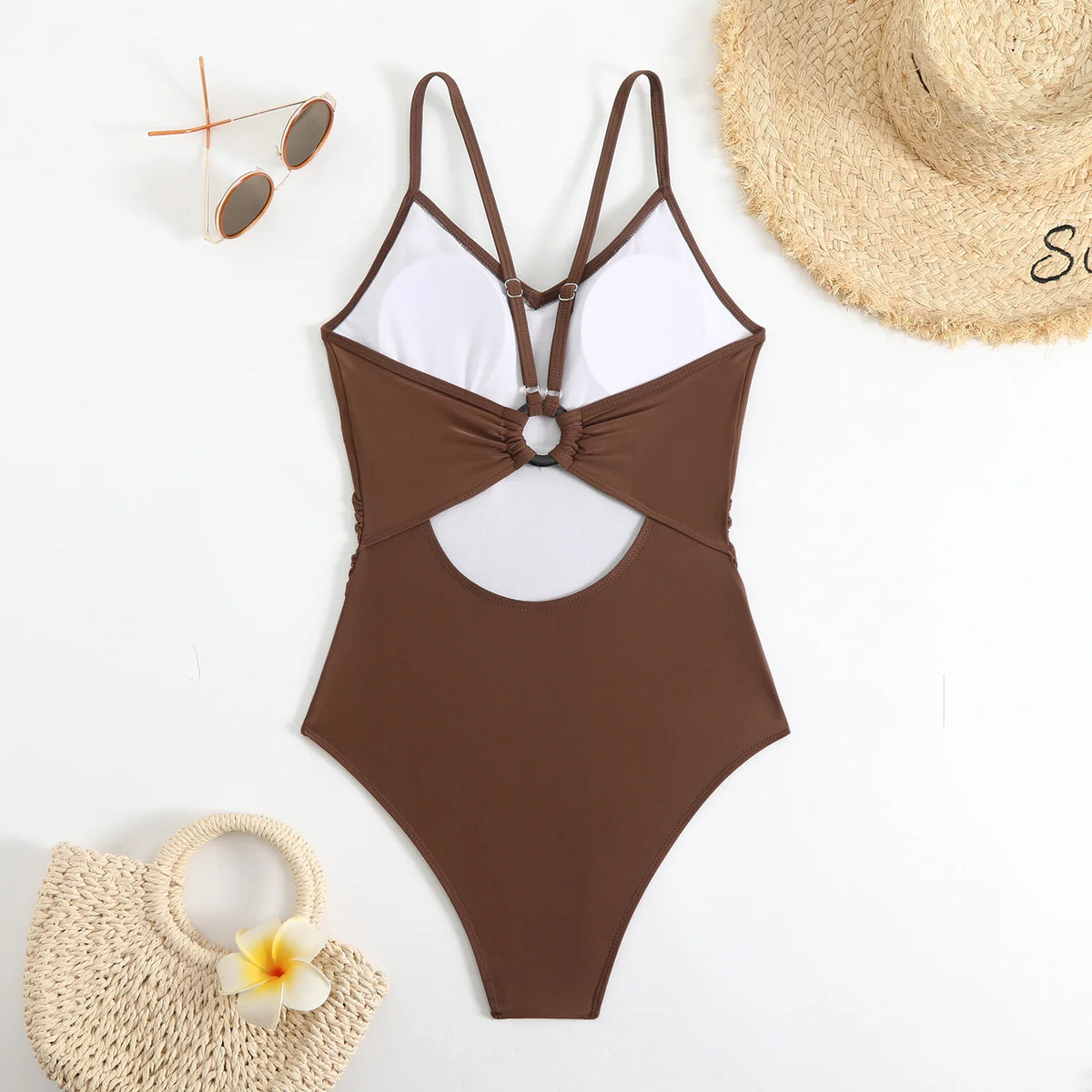 2025 New Brown Bodysuit One Piece Swimsuit Women Thong Swimwear Sexy Backless Bathing Suit Woman Monokini Beach Wear Black White