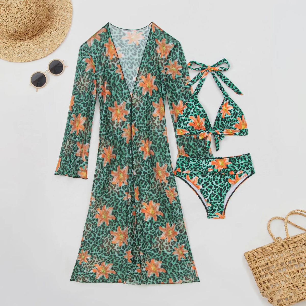Blue Leopard Print Bikini Set Large Size Women Front Tie Push Up High Waist Swimsuit 2026 Long Sleeve Cover Up 3 Piece Swimsuit