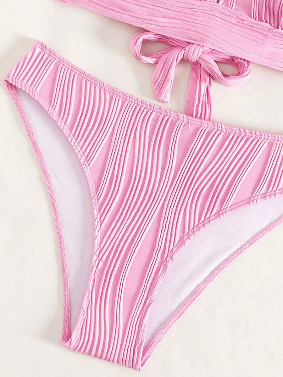 Wrinkled Crinkled Cross Back Bikini Women Swimwear Female Swimsuit Two-pieces Bikini Set High Cut Bathing Suit Swim Beach Wear