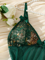 Atmospheric green floral embroidery nightgown set.Lightweight sheer bow-fronted halter-neck dress ladies,sexy lingerie ZA825071