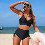 Vintage Drawstring Side High Waist Bikini Set 2026 Black Metal Strap V Neck Cross Push Up Swimwear Beach Bathing Suit Swimsuit