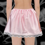 Women Summer Satin A-Line Short Skirt Lace Trim Solid Color Bow Puffy Drape Elastic Waistband Mini Skirts