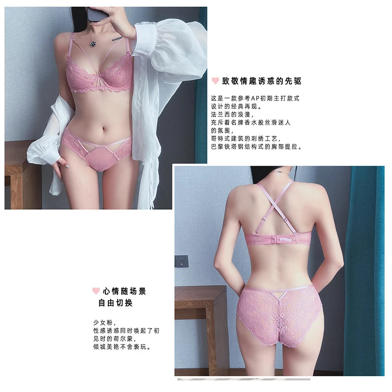 Sexy Lace Bra Set Large Breasts Ultra Thin Full Coverage Push Up Effect Big Cup Supporr Detachable Straps Pure Sensual Underwear