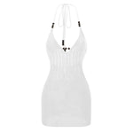 Women Backless Halter Mini Dress Casual Summer Knit Crochet Cutout Bodycon Party Dress for Beach Club Streetwear