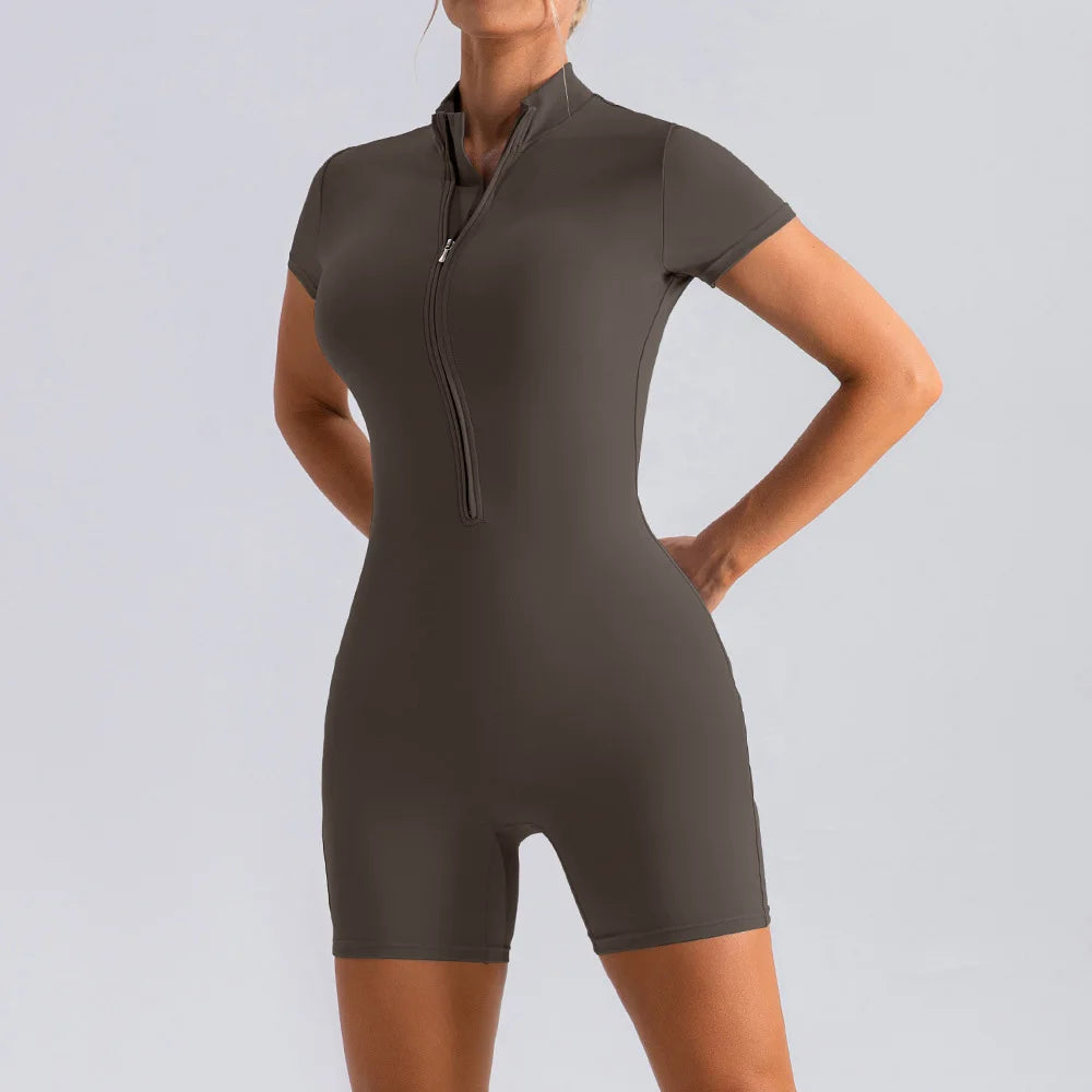 Yoga Jumpsuit Fashion Zipper Dance Short Playsuit Women Romper Short Sleeve Gym Fitness Overalls One Piece Sports Suit Unitard