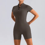 Yoga Jumpsuit Fashion Zipper Dance Short Playsuit Women Romper Short Sleeve Gym Fitness Overalls One Piece Sports Suit Unitard