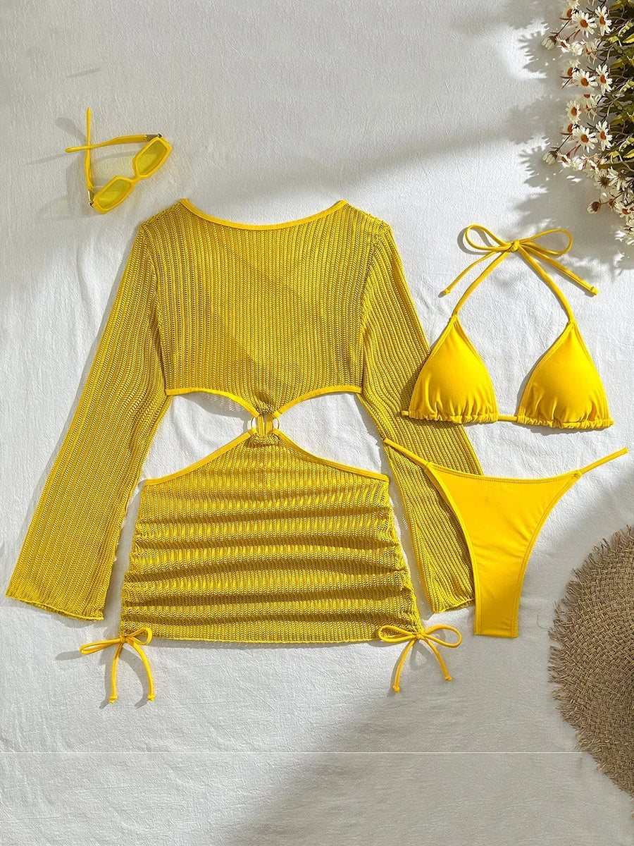 Mesh Sheer Long Sleeve Cover-Up Micro Bikini Female Swimsuit Women Swimwear Three-pieces Bikini Set Bathing Suit Swim Beach Wear