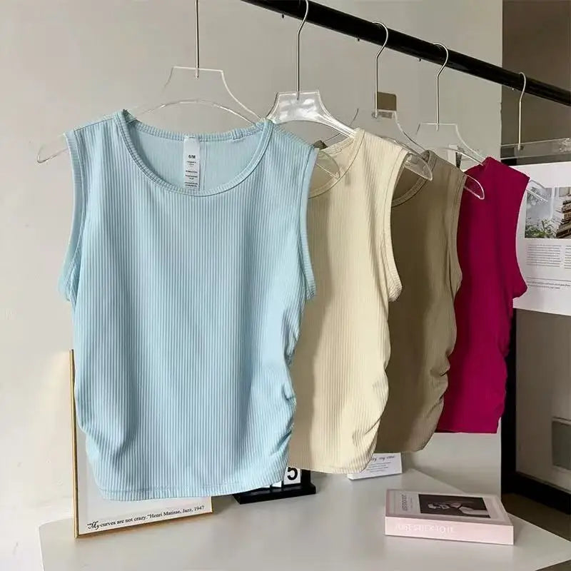 Women's Summer Nude I-Shaped Yoga Sports Vest Slimming Quick Dry Pleated Top for Fitness And Sports Activity