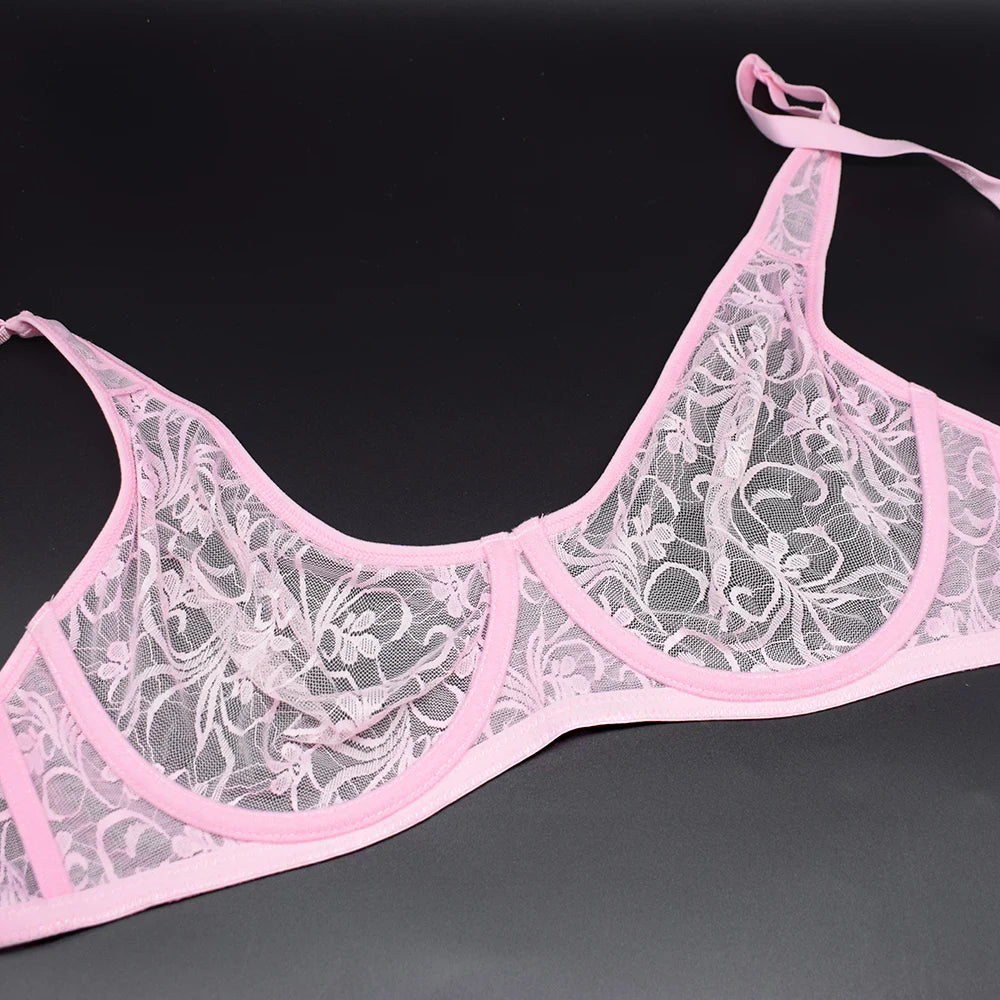 Womens Ultra-thin See Through Bras For Men Mesh Seamless Bralette Embroidery Sexy Lingerie Plus Size Brassiere
