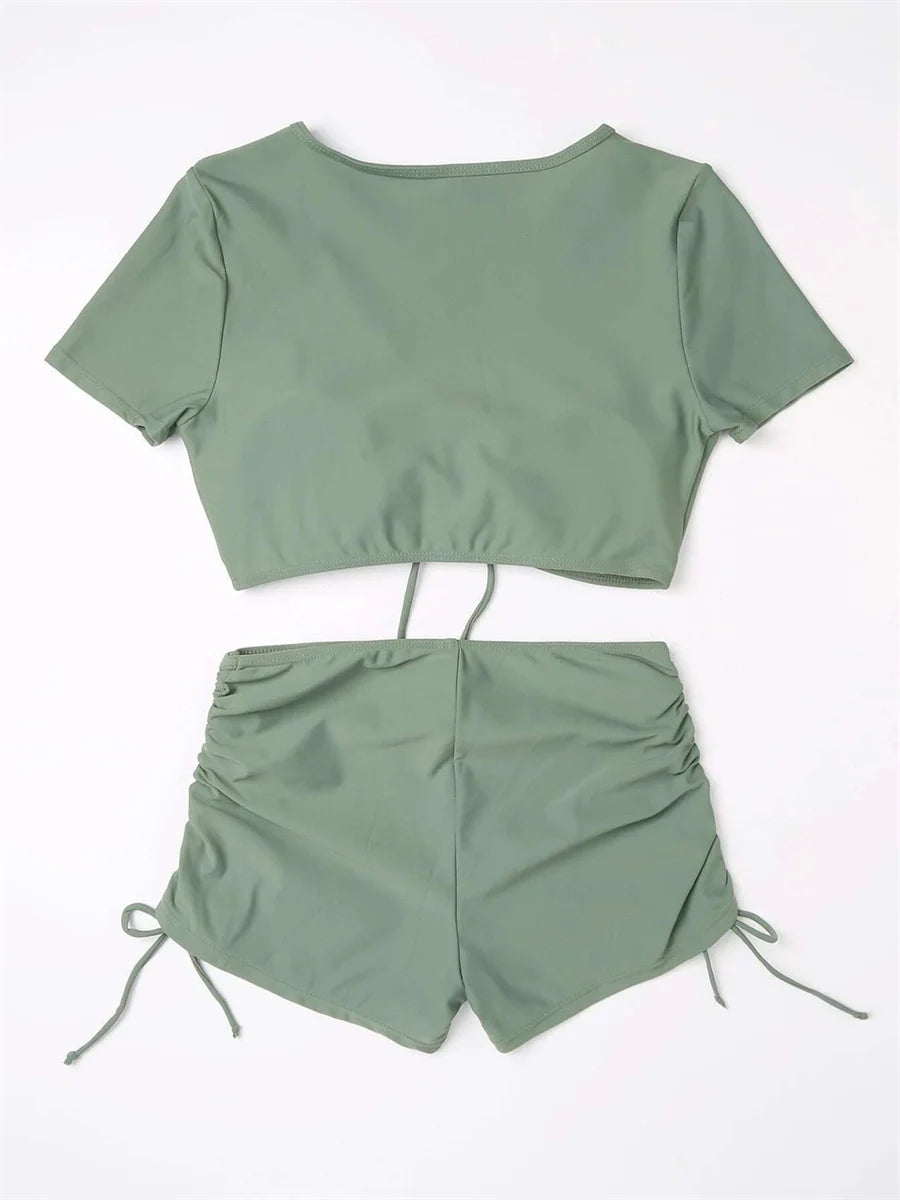 Sexy Drawstring Bikini Set 2026 Women Green Black Short Sleeve Two Piece Swimsuit Summer Bathing Suit Pleate High Waist Swimwear