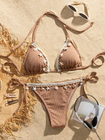 Shell Decoration Ribbed Halter Strappy Bikini Women Swimwear Female Swimsuit Two-pieces Bikini Set Bather Bathing Suit Swim Lady