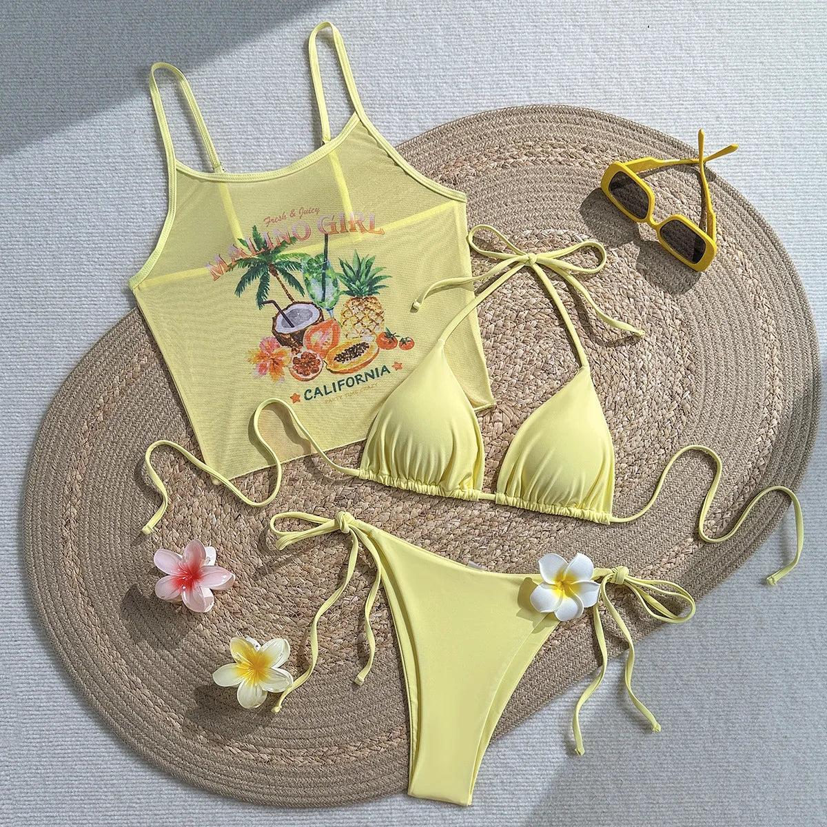 Vintage 3D Flower Thong Bikini Set 2026 Women Summer Fruit Print Cover Up 3 Piece Swimwear Push Up Bra Bathing Suit Swimsuit