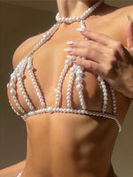 Luxury Pearls Halter Hollow Out See Through Bikini Top Female Swimsuit Women Swimwear Bather Bathing Suit Swim Beach Top V5409