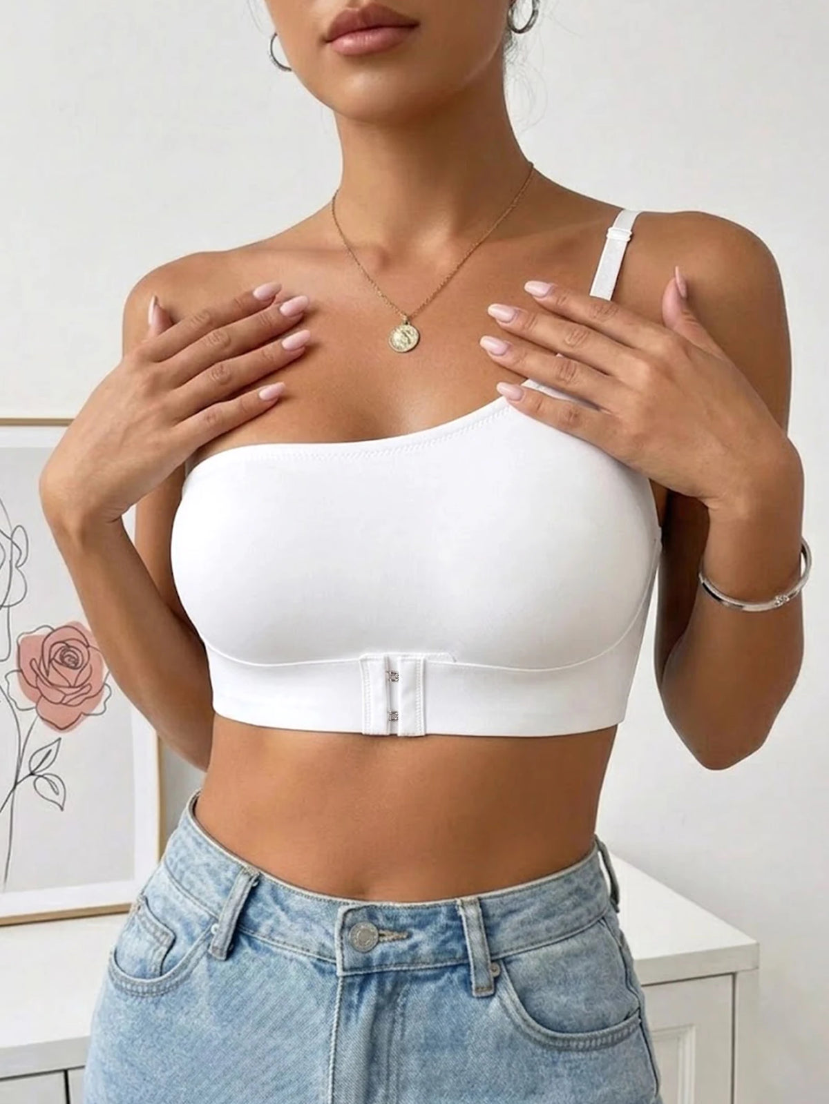 Women One Shoulder Bra Front Closure Unlined Push Up Brassiere Bandeau Thin Comfort Non-slip Lingerie