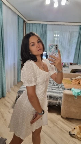 White lace embriodery summer beach dress women elegant hollow out lace up short dress off shoulder puff sleeve sheer dress 2025
