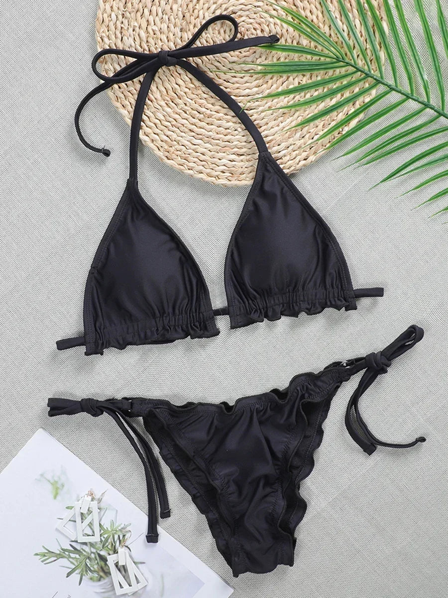 Ribbed Ruffled Frilled Brazilian Bikini Women Swimsuit Female Swimwear Two Pieces Bikini Set Halter String Bathing Suit Swim