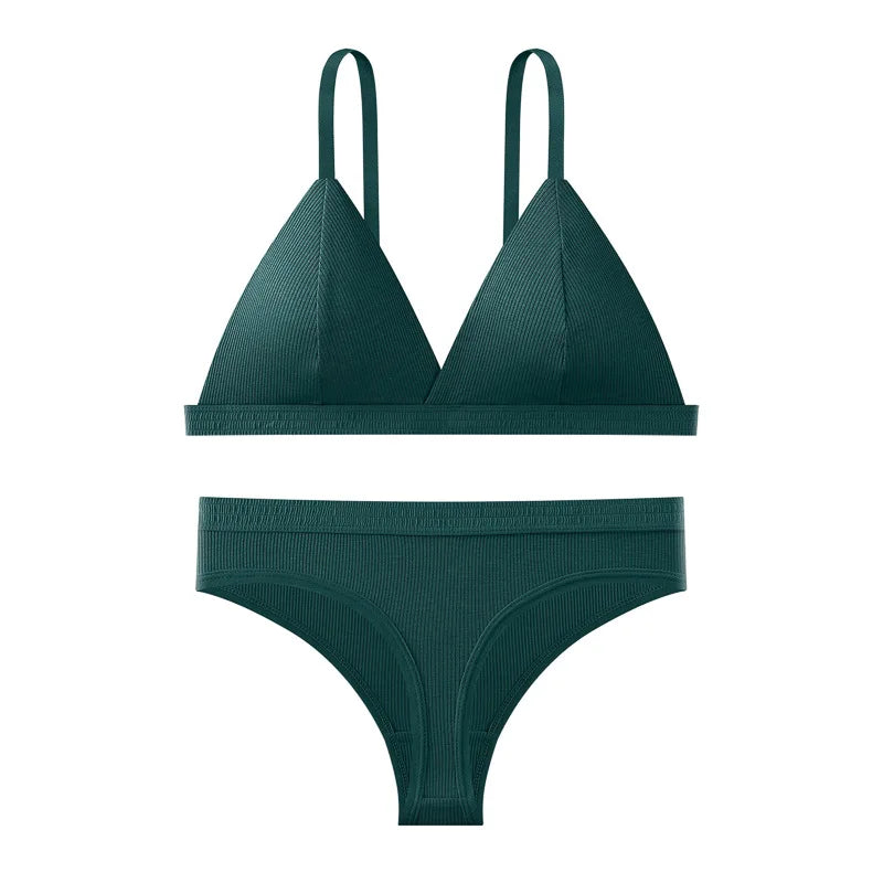 Women Cotton Bra and Panties Set Wireless Push-Up Bra Low-Waist Thongs G-string Sexy Lingerie Women's Breathable Underwear Set