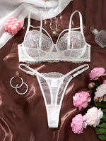 White Iridescent Peacock Feather Embroidered Lace Bra and Panty Set Women Sexy Sheer Mesh Underwear Two Piece