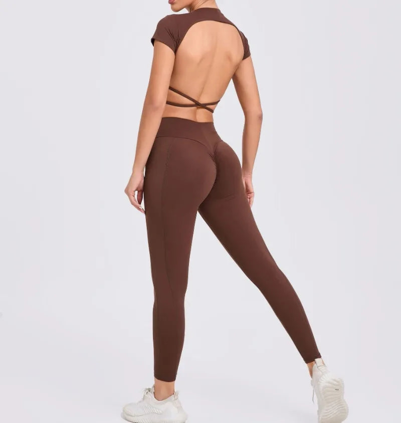 Women's Yoga Sets 2 Piece High Waist Hip Lift Leggings with Cross Back Sports Bra Seamless Workout Clothes Fitness Gym Wear Set