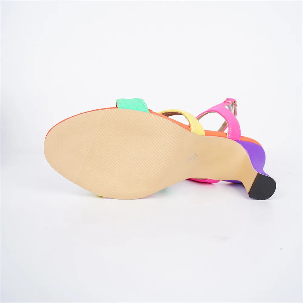 Big Size 43 Rainbow Color 7cm High Heel T-Strap Sandals Women Shoes Slingback Kitten Heels Festival Neon Vacation Dress Heels